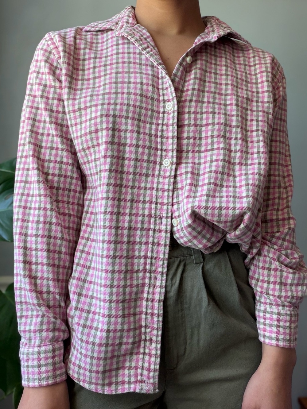 Pink + sage gingham button up (S/M)